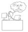 Bored or Tired Businessman or Office Worker Thinking or Dreaming About Vacation, Vector Cartoon Stick Figure