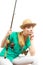 Bored woman with fishing rod, spinning equipment