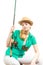 Bored woman with fishing rod, spinning equipment