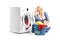 Bored woman sitting by a washing machine