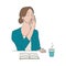 Bored woman vector illustration - female character yawning while sitting at table with cup of coffee and open book.