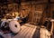 Borg - June 15, 2018: Viking weapons and artifacts Inside the Longhouse in the Lofotr Viking Museum at the town of Borg in the