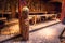 Borg - June 15, 2018: Wooden statue of Odin Inside the Longhouse in the Lofotr Viking Museum at the town of Borg in the Lofoten