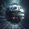 Borg sphere in space, cinematic, minimal, industrial,