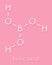 Boric acid molecule. Also known as hydrogen borate, boracic acid, orthoboric acid and acidum boricum. Skeletal formula.