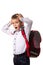 Boring, yawning school boy standing with full backpack on the white background. Starting going to the school.