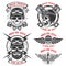 Born for speed. Set of the emblems with racer skulls. Biker club