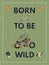 Born to be wild. A poster with an inscription, a skeleton on a motorcycle, pizza and a motorcycle helmet. Flat vector illustration