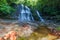 Borneo rain forest waterfall, idyllic stream flowing in the lush green jungle of Kubah National Park, Sarawak, Malaysia. Blurred e