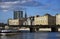 Borodinsky bridge in Moscow city center. Blue sky background.