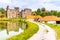 Borotin Castle ruins with romantic pond in the foreground, Borotin, South Bohemia, Czech Republic