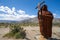 Borrego Springs, CA- Metal statue of Father Font in Galleta Meadows of Anza Borrego Desert State Park in Southern