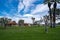 Borrego Springs, CA - Wide angle view of Christmas Circle Community Park, a gathering place with picnic pavillions