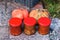 Borscht in a jar. Fresh borscht soup in a glass jar. Fast food