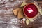 Borscht with sour cream and bread on dark wooden background. Russian, Ukrainian and Belarusian cuisine