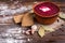 Borscht with sour cream and bread on dark wooden background. Russian, Ukrainian and Belarusian cuisine