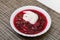 Borscht - sour soup common in Eastern Europe - made with red beetroots and sour cream