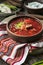 Borscht - Traditional Ukrainian dish.  Vegetable soup made from beets, potatoes, cereals and boiled meat, and  slices of rye bread