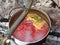 Borscht Ukrainian traditional soup cooking in sooty cauldron