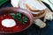 Borscht, vegetarian beetroot soup and ingredients on dark background, close up view