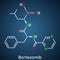 Bortezomib molecule. It is anticancer medication. Structural chemical formula on the dark blue background