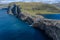 Bosdalafossur waterfall on Vagar island coastline aerial view