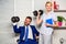 Boss businessman and office manager raise hand with dumbbells. Boost business team. Boost your skill. Man and woman