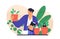 Boss cultivate potted plant with business people isolated. Mentoring and growing employees vector flat illustration