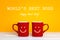 Boss day greeting card with two red coffee mugs with a smiling f