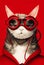 Boss like cat wearing red goggles on red background