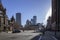 Boston, MA - April 8 2021: Back Bay neighborhood of Boston with office buildings and Trinity church. Center of Boston at Boylston