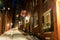 BOSTON, MASSACHUSETTS - JANUARY 03, 2014: Beacon Hill Street in Boston. Long Exposure Night Photography. Acorn Street, Boston