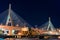 BOSTON, MASSACHUSETTS - JANUARY 03, 2014: Bridge in Boston. Long Exposure Night Photography. Leonard P. Zakim Bunker Hill Memorial