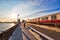 Boston MBTA subway lines, train crossing Longfellow bridge over scenic Charles river