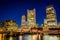 The Boston skyline and Fort Point Channel at night, in Boston, M