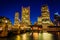 The Boston skyline at night, seen from Fort Point, Boston, Massachusetts.