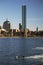 Boston Skyline and Prudential building in winter on half-frozen Charles River, Massachusetts, USA