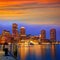 Boston sunset skyline at Fan Pier Massachusetts