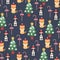 Boston terrier and welsh corgi puppies with Christmas tree and candy cane. Vector seamless pattern or wallpaper
