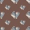 Botanic sketch seamless pattern with blue pastel leaf silhouettes. Brown background