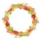 Botanical autumn wreath with stylized golden, green, red, brown leaves and twigs