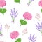 Botanical background. Seamless pattern with pink geraniums, lavender and verbena flowers.