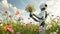 Botanical Bliss: White Robot Harvesting a Summer Meadow Bouquet