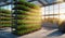 A botanical building with shelves of plants, creating a lush green landscape