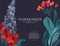 Botanical exotic Lavender decoration, ficus leaves, poppy bloom  invitation card template designon navy background. Contrast