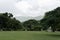 Botanical garden on a cloudy day with lash green, lawn and forest in the background