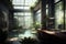 botanical garden office with lush greenery, water features, and natural light