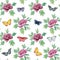 Botanical pattern for designer. Elegant flowers with leaves and butterflies on a white background. Seamless watercolor pattern.