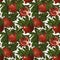 Botanical pattern. Juicy bright pomegranates in green leaves.