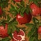 Botanical pattern. Juicy bright pomegranates in green leaves.